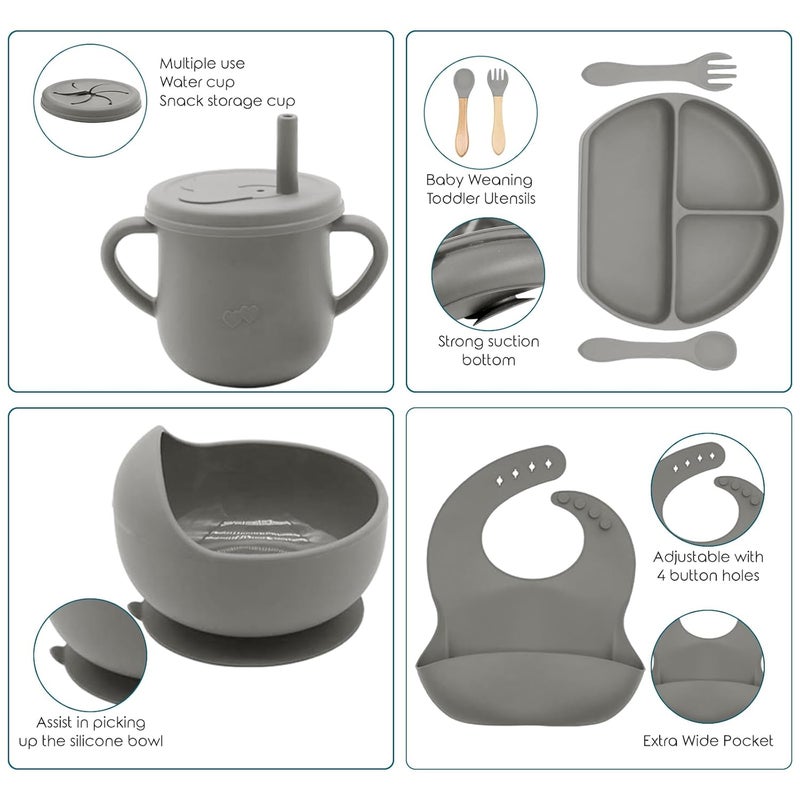 Dormlony 100% Silicone baby feeding set,BPA free Baby dishes set with Suction Bowl Divided Plate,Toddler Self Feeding Dish Set with Spoons Forks Sippy Cup And Bib, Baby Eating Utensils (Light Brown) - Image 3